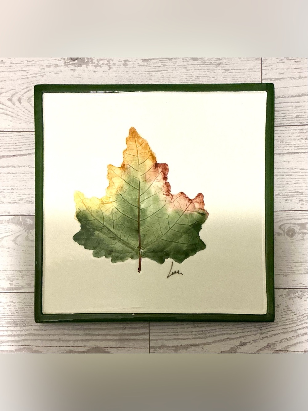 Pier 1 Ceramic Trivet with maple Leaf in Green, Cream and Brown